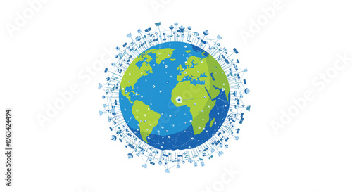 A stylized blue and green Earth globe is encircled by a dense network of interconnected satellites and communication nodes.