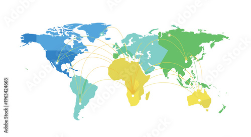 A colorful polygonal world map displays continents in varying shades of blue, green, and yellow, with orange lines connecting specific points.