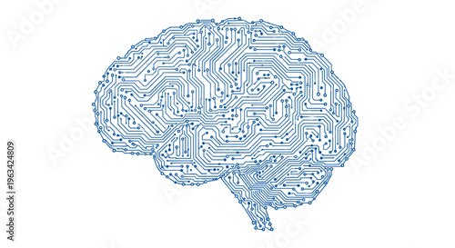 A detailed circuit board pattern, resembling a human brain, is rendered in blue lines and dots against a plain white background.