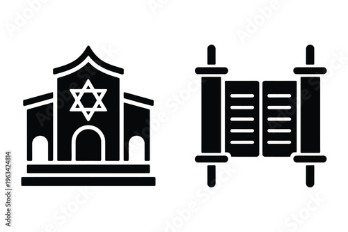 Synagogue and torah scroll icons jewish culture with religious text