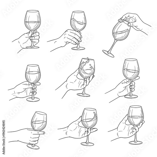 Set of hands holding wine glasses sketches