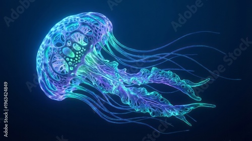 Glowing Jellyfish in Deep Sea Jellyfish Marine Life Ocean Glowing Underwater Sea Creature Bioluminescence. Concept featuring jellyfish, marine life, ocean, glowing, underwater for professional comm...