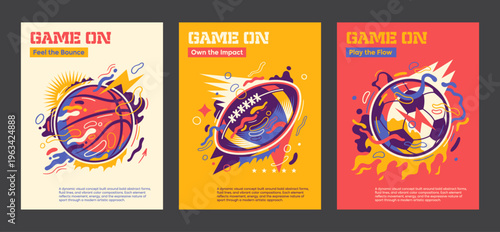 Abstract sports poster set with basketball, American football, and soccer in a vibrant retro style. Vector illustration.