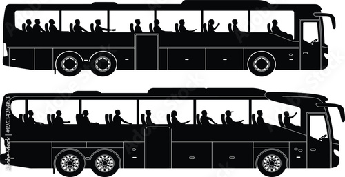 Black and white vector silhouettes of modern coach buses with passengers visible inside, side view of public transport vehicle icons.