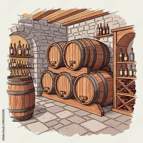 Traditional wine cellar with wooden barrels illustration