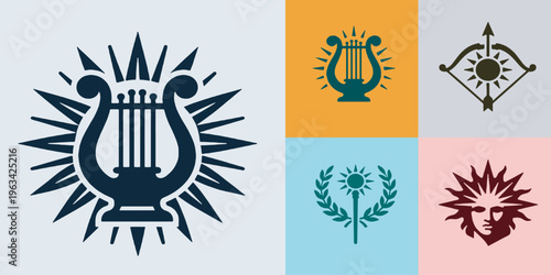 Collection of stylized graphic symbols representing mythological and celestial elements, including a lyre, sun, and face.