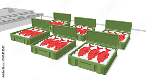 Seven open green plastic crates filled with red fish and white ice are arranged on a light gray floor near a conveyor belt.