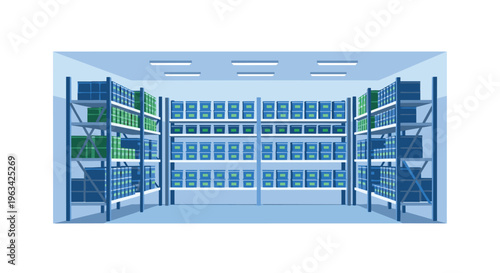 An illustrated warehouse interior features multiple tall metal shelving units fully stocked with blue and green boxes.