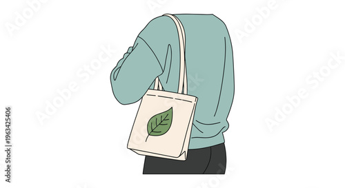 A person seen from behind wears a light teal sweatshirt and carries a beige tote bag with a green leaf design.