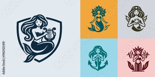 Collection of stylized mermaid logos and icons, representing fantasy and mythology.