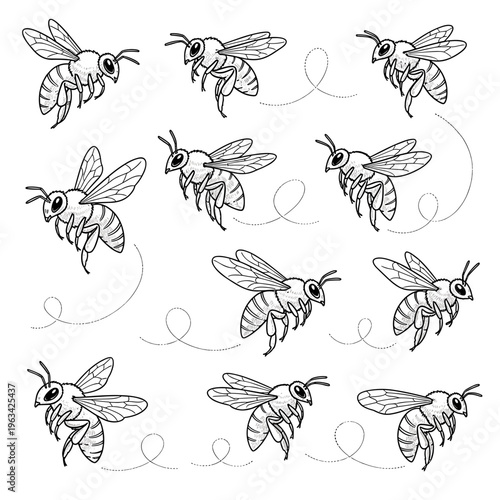 Pattern of hand drawn bees flying in swarm