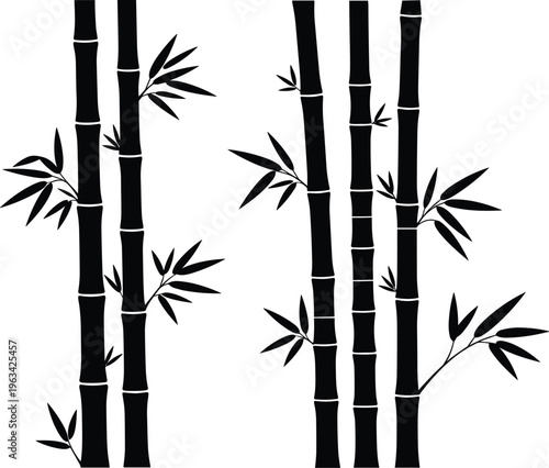Black bamboo forest silhouette with stalks and leaves, oriental zen nature background, isolated vector illustration for minimalist interior wall decor.
