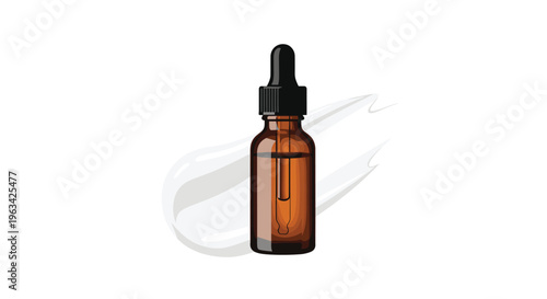 An amber glass dropper bottle with a black cap stands upright on a white cream smear against a plain background.
