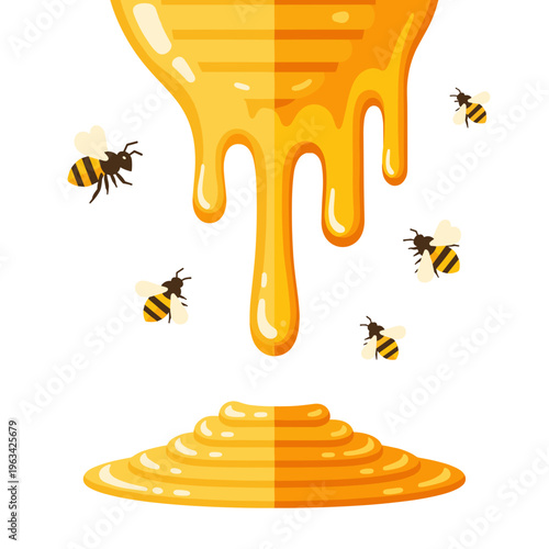 Dripping golden honey with flying bees