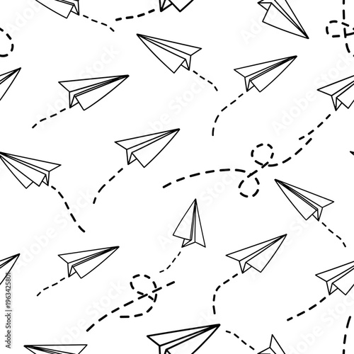 Pattern of paper planes with dashed flight lines