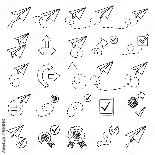 Set of various paper plane and trail icons