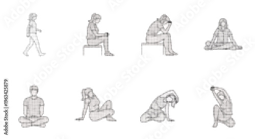 Halftone people in various poses and activities on white background