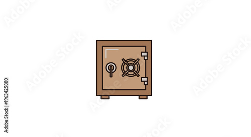 A brown safe with a circular lock and a four-spoke handle is centered on a plain white background.
