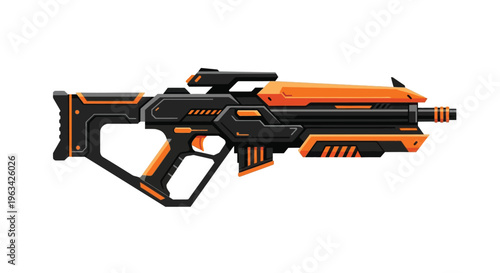 Stylized orange and black futuristic blaster weapon illustration on white background