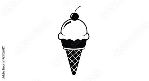 Black and white illustration of a single scoop ice cream cone