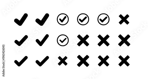 Check mark and cross icons set with green success and red error UI symbols flat vector isolated on white

