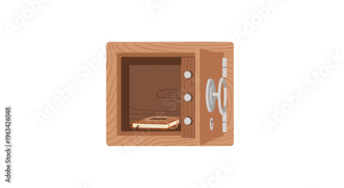 An open brown safe with a small book and a gold necklace inside is positioned on a plain white background.