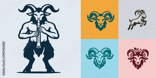 Collection of stylized goat and ram illustrations, including a mythical satyr playing a flute and various head designs.