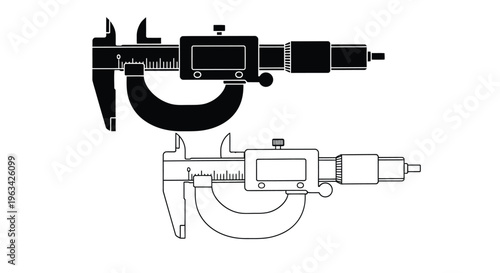 Black and white illustration of a digital and analog micrometer tool