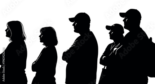 Silhouettes of people standing in line with arms crossed