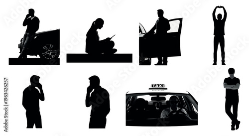 Silhouettes of people in various poses with a taxi