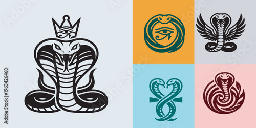 Collection of stylized cobra snake emblems and icons with Egyptian and mythical themes.