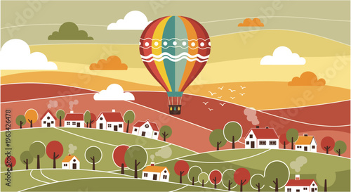 Colorful hot air balloon flying over rural village with rolling hills and autumn trees in warm sunny lighting for travel brochure