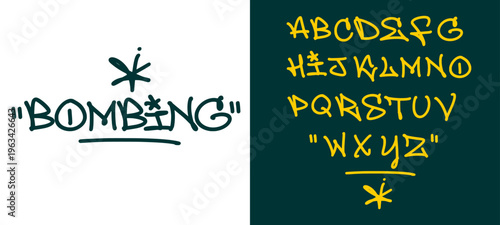 Graffiti Tag Word BOMBING and Complete Yellow Alphabet Set A-Z in Handstyle Typography with Teal Background for Urban Branding Projects