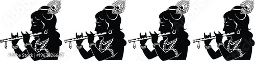 Black and white silhouette illustration of four identical flute‑playing figures adorned with jewelry and peacock feather, representing cultural art, Hindu deity Krishna, music, and traditional 