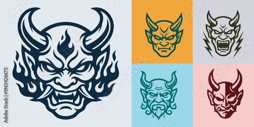 Collection of stylized demon masks with horns and fierce expressions, representing evil and mythology.