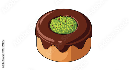 A single, round pastry with a glossy dark chocolate topping and a center filled with green pistachios is presented on a white background.