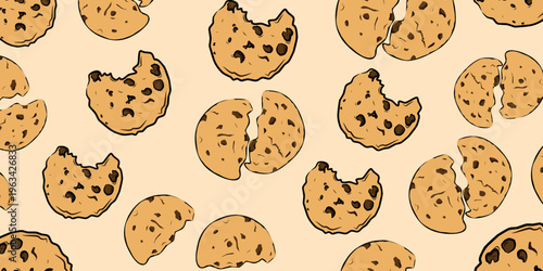Seamless pattern of chocolate chip cookies. Bitten and broken biscuits background texture. Hand drawn cartoon sweet snack wallpaper