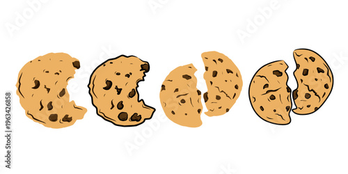 Set of bitten and broken chocolate chip cookies. Hand drawn cartoon biscuits collection. Sweet snack icons isolated on white background