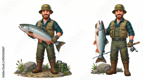 Happy Fisherman Holding Large Salmon with Landing Net, Full Vector Character