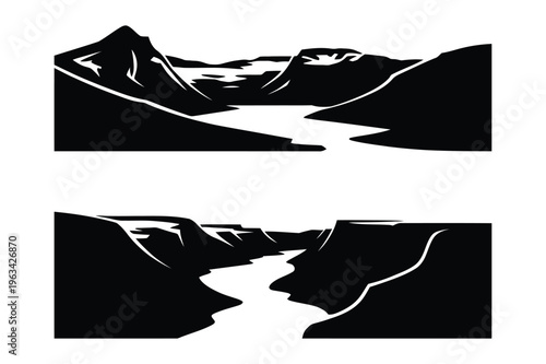 Mountain river and canyon landscape silhouettes with black and white