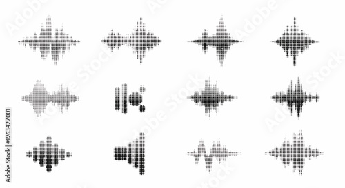 Halftone sound wave patterns in black on white background