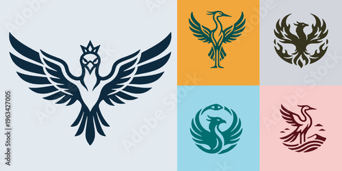 Collection of stylized phoenix logos in various colors and designs, representing rebirth and mythology.