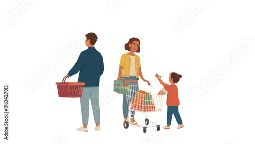 Family moving with luggage and stroller in a cheerful setting