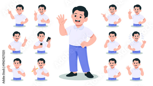 Cheerful person raising arms in a celebratory pose among smaller duplicates