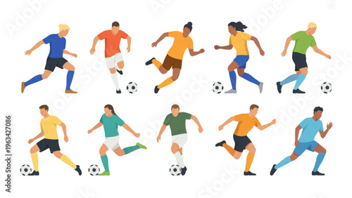Diverse group of soccer players actively engaging in a dynamic game