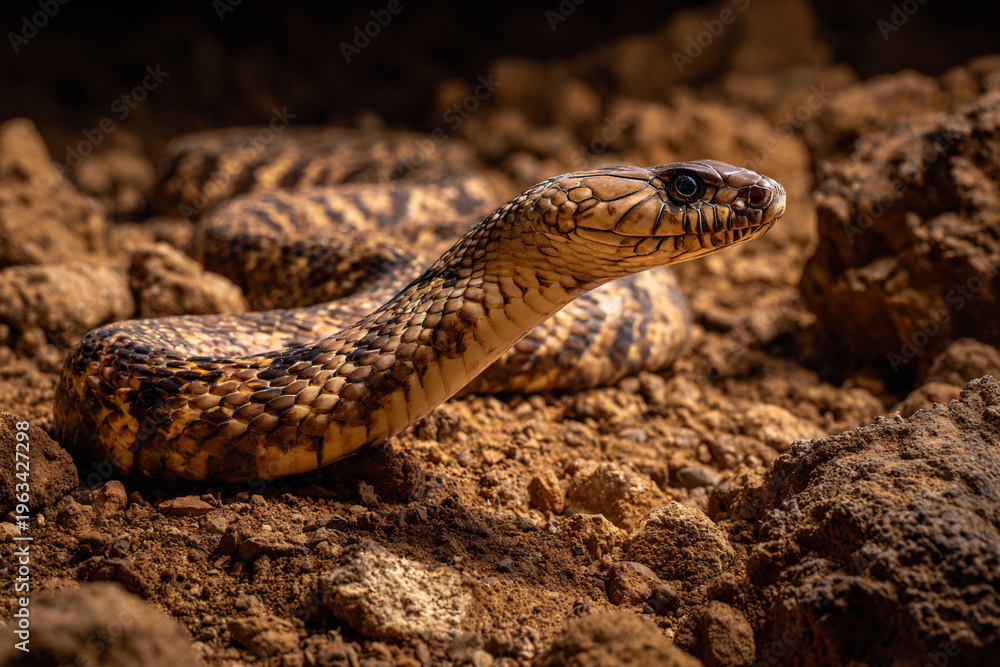 Fototapeta premium king cobra coiled in rocky desert spiral pattern, venomous snake camouflaged on rugged arid terrain at golden hour, detailed king cobra with intricate scales resting on dry rocky ground