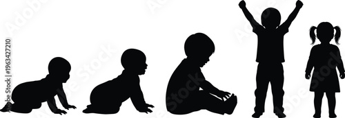 Black silhouette illustration of children showing stages of growth from crawling baby to standing toddler in early development