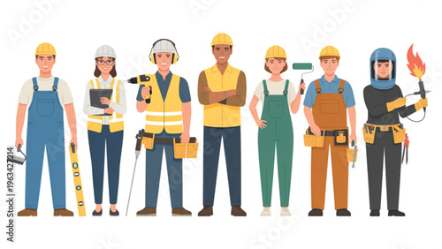 Diverse group of construction workers standing together in uniform attire