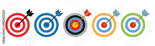 A set of five colorful icons representing target archery or business goal objectives.