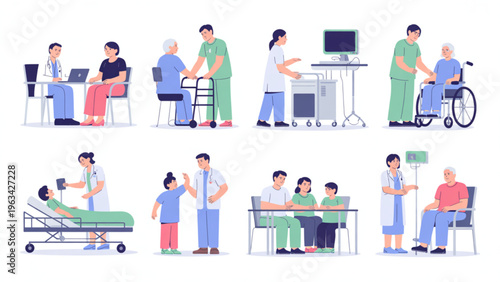 Medical professionals collaborating in a modern hospital setting with patients